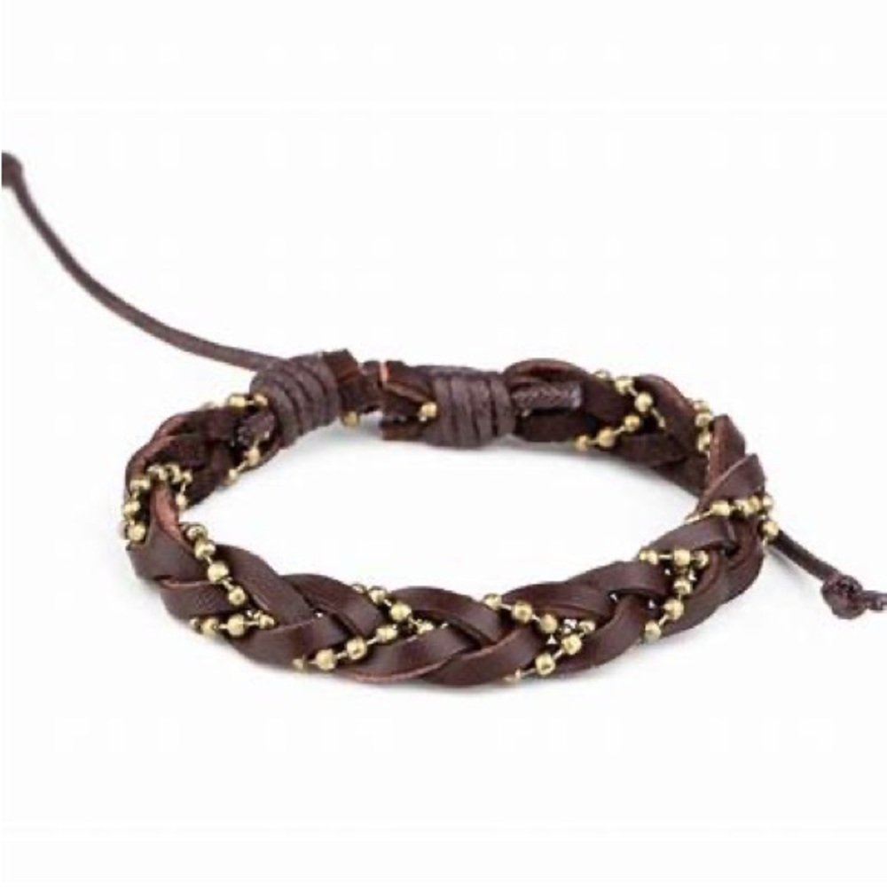 Brass beads and brown leather adjustable sliding knot bracelet.